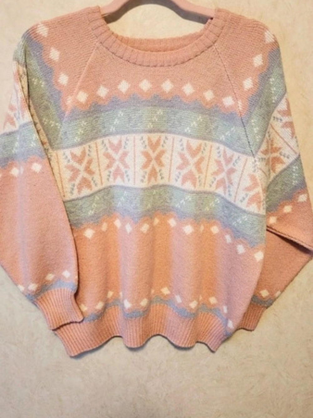 Vintage Jantzen Geometric Knit Sweater in Pink & Blue Size XL